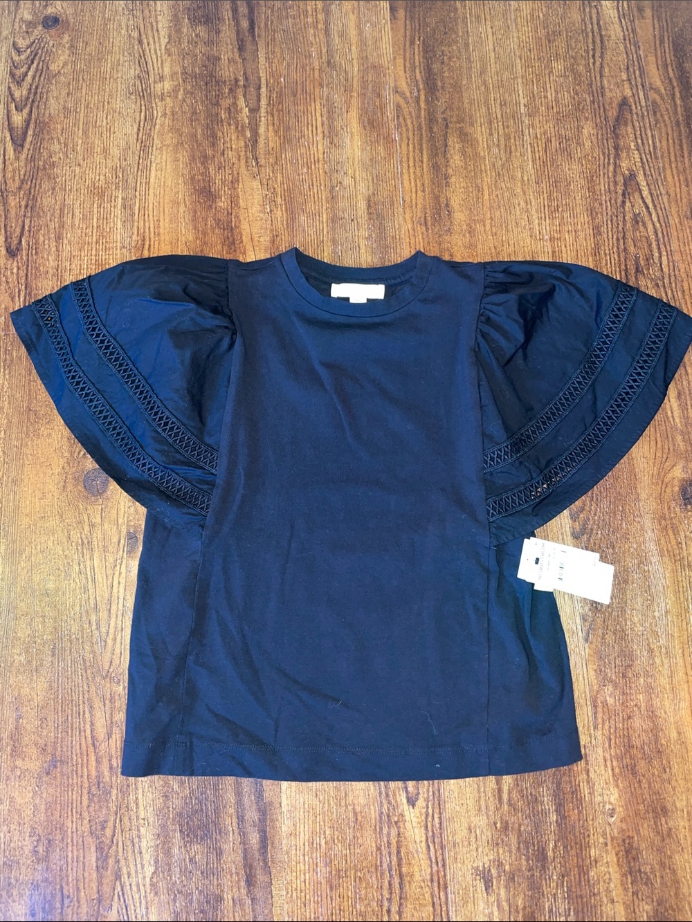 Treasure & Bond Black Puff-Sleeve Tee with Lace Paneling
